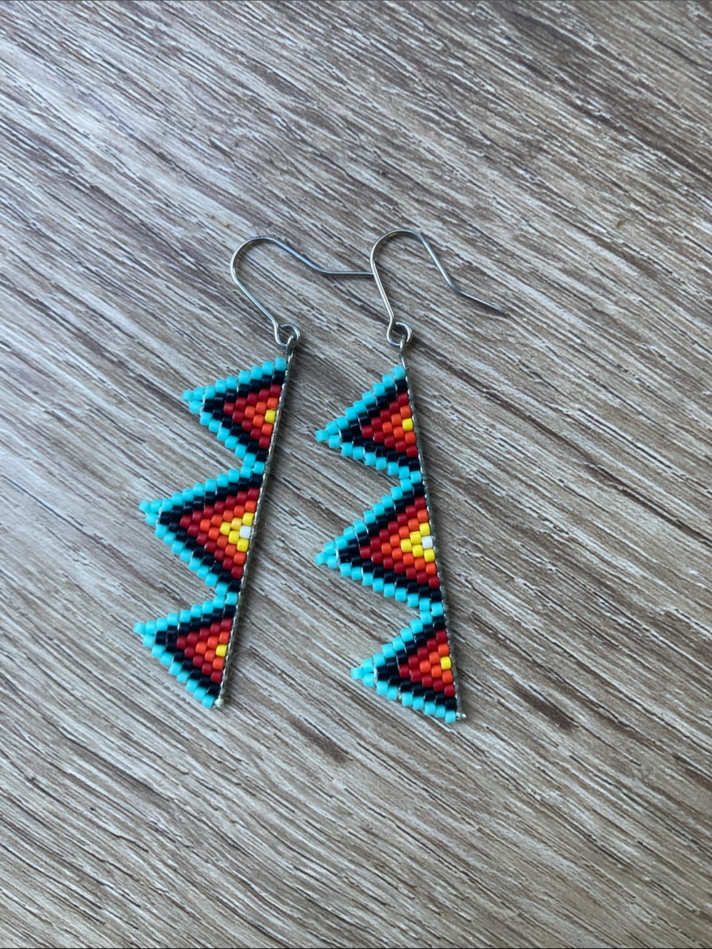 Handmade Beaded Triangle Drop Earrings - Turquoise, Red & Yellow